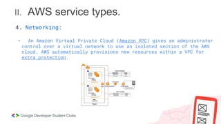 II. AWS service types.
- An Amazon Virtual Private Cloud (Amazon VPC) gives an administrator
control over a virtual network to use an isolated section of the AWS
cloud. AWS automatically provisions new resources within a VPC for
extra protection.
4. Networking:
 