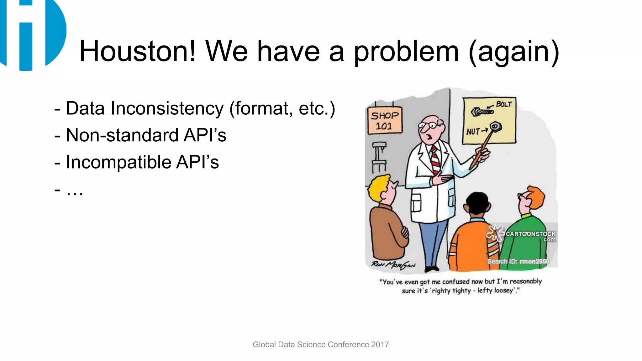 Houston! We have a problem (again)
- Data Inconsistency (format, etc.)
- Non-standard API’s
- Incompatible API’s
- …
Global Data Science Conference 2017
 