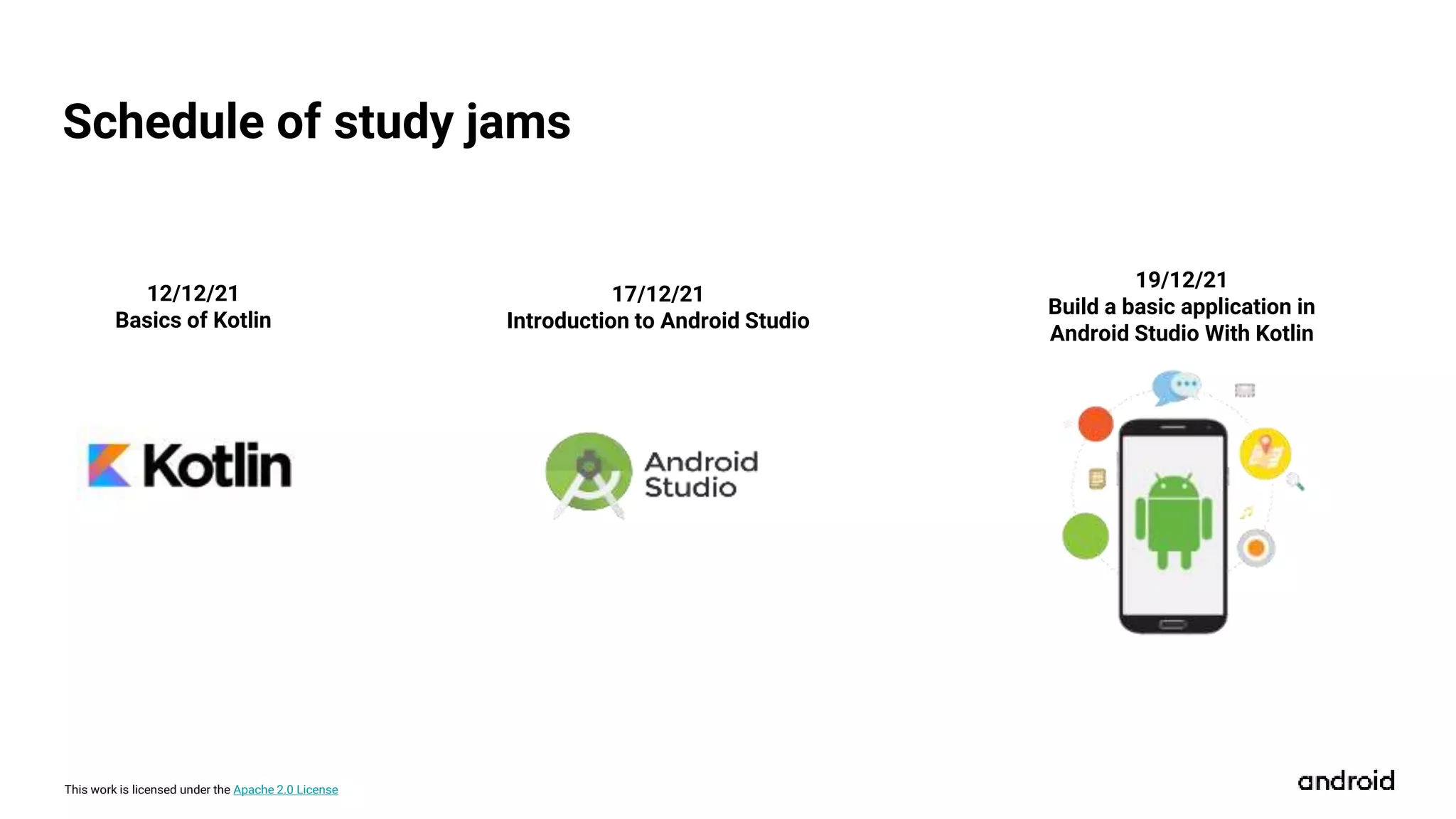 This work is licensed under the Apache 2.0 License
Schedule of study jams
12/12/21
Basics of Kotlin
1
17/12/21
Introduction to Android Studio
19/12/21
Build a basic application in
Android Studio With Kotlin
 