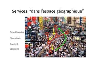 Services	
  	
  “dans	
  l’espace	
  géographique”	
  
Spreading
Gradient
Chemotaxis
Crowd Steering
 