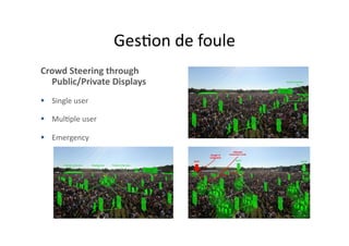 Crowd	
  Steering	
  through	
  	
  
Public/Private	
  Displays	
  
  Single	
  user	
  
  Mul$ple	
  user	
  
  Emergency	
  
Ges$on	
  de	
  foule	
  
 