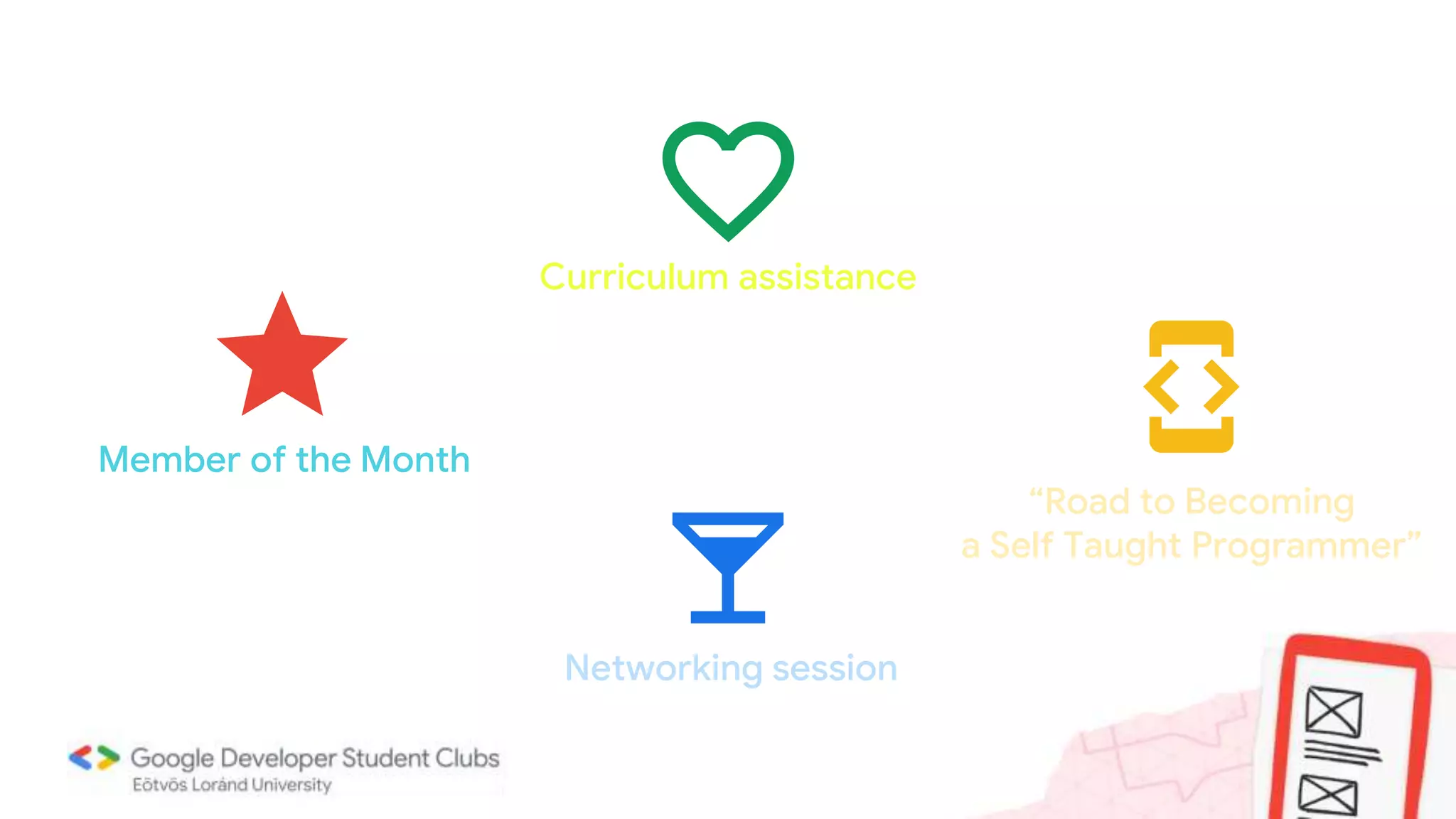 Member of the Month
Networking session
“Road to Becoming
a Self Taught Programmer”
Curriculum assistance
 