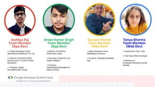 Aaditya Raj
Team Member
(App Dev)
Aman Kumar Singh
Team Member
(App Dev)
>> Flutter Developer Intern
@Ambimed Healthcare Pvt. Ltd.
>> Winner of KAVACH 2023
Second rank in Code-O-Fiesta
Hackathon
>> Projects: Digital
Doctor||Periodic–Assist
>>Winner of KAVACH
2023(Team Lead)
>>Secured a Patent for Car
Safety Software
>>Projects:
HelpPaws||ChatHub||Driver
Sleep Checker
Gautam Kumar
Team Member
(Web Dev)
Tanya Sharma
Team Member
(Web Dev)
>>Web Developer Intern
@Webgany Services
>>Projects: Notepad || Weather
App
>>Sophomore Year -CSE
>>Full Stack Web Developer
>>Working on-
Employee attendance portal
website
 