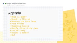 What is GDSC?
Benefits Offered
Meeting the Core Team
Past Events
Upcoming Events
Google Cloud Study Jams
Fun Activity
Become a member
QnA
Agenda
 