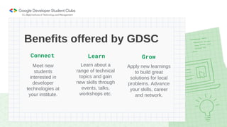 Connect
Meet new
students
interested in
developer
technologies at
your institute.
Benefits offered by GDSC
Learn Grow
Learn about a
range of technical
topics and gain
new skills through
events, talks,
workshops etc.
Apply new learnings
to build great
solutions for local
problems. Advance
your skills, career
and network.
 