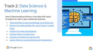 Track 2: Data Science &
Machine Learning
Learn & demonstrate proficiency in key data & ML topics
to prepare for roles in data, marketing & business.
1. Getting Started: Create and Manage Cloud Resources
2. Perform Foundational Data, ML, and AI Tasks in Google
Cloud
3. Insights from Data with BigQuery
4. Engineer Data in Google Cloud
5. Integrate with Machine Learning APIs
6. Explore Machine Learning Models with Explainable AI
 