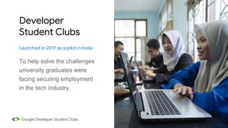 Developer
Student Clubs
Launched in 2017 as a pilot in India
To help solve the challenges
university graduates were
facing securing employment
in the tech industry.
 