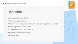 Agenda
●History of DSC aka GDSC
●The application phase…
●How it's like to set up an entirely new club amid a global pandemic?
●Challenges faced by the team
● Glimpse of GDSC Core Team ‘20
●Events conducted back then
●Closing Note
 