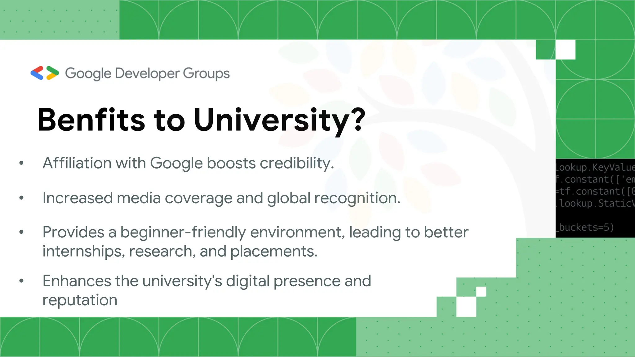 Benfits to University?
• Affiliation with Google boosts credibility.
• Increased media coverage and global recognition.
• Provides a beginner-friendly environment, leading to better
internships, research, and placements.
• Enhances the university's digital presence and
reputation
 