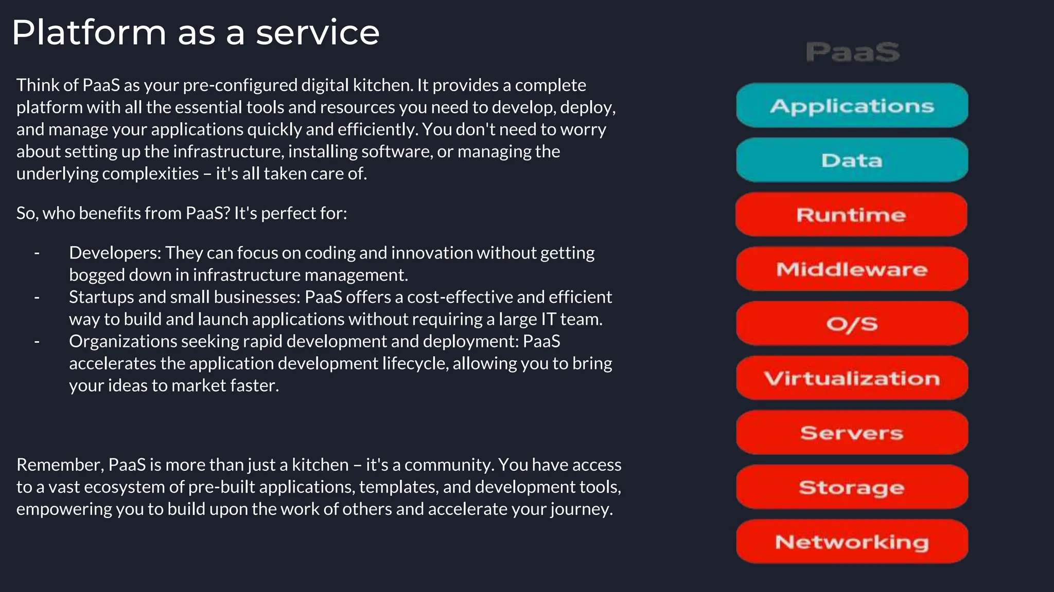Platform as a service
Think of PaaS as your pre-configured digital kitchen. It provides a complete
platform with all the essential tools and resources you need to develop, deploy,
and manage your applications quickly and efficiently. You don't need to worry
about setting up the infrastructure, installing software, or managing the
underlying complexities – it's all taken care of.
So, who benefits from PaaS? It's perfect for:
- Developers: They can focus on coding and innovation without getting
bogged down in infrastructure management.
- Startups and small businesses: PaaS offers a cost-effective and efficient
way to build and launch applications without requiring a large IT team.
- Organizations seeking rapid development and deployment: PaaS
accelerates the application development lifecycle, allowing you to bring
your ideas to market faster.
Remember, PaaS is more than just a kitchen – it's a community. You have access
to a vast ecosystem of pre-built applications, templates, and development tools,
empowering you to build upon the work of others and accelerate your journey.
 