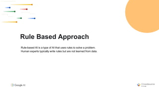 Rule Based Approach
Rule-based AI is a type of AI that uses rules to solve a problem.
Human experts typically write rules but are not learned from data.
 