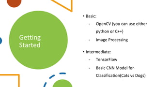 Getting
Started
• Basic:
- OpenCV (you can use either
python or C++)
- Image Processing
• Intermediate:
- TensorFlow
- Basic CNN Model for
Classification(Cats vs Dogs)
 
