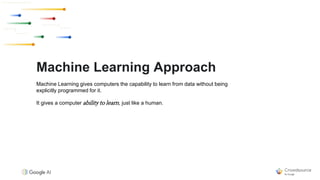 Machine Learning Approach
Machine Learning gives computers the capability to learn from data without being
explicitly programmed for it.
It gives a computer ability to learn, just like a human.
 