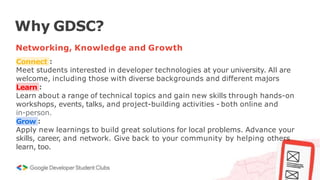 Why GDSC?
Networking, Knowledge and Growth
Connect :
Meet students interested in developer technologies at your university. All are
welcome, including those with diverse backgrounds and different majors
Learn :
Learn about a range of technical topics and gain new skills through hands-on
workshops, events, talks, and project-building activities - both online and
in-person.
Grow :
Apply new learnings to build great solutions for local problems. Advance your
skills, career, and network. Give back to your community by helping others
learn, too.
 