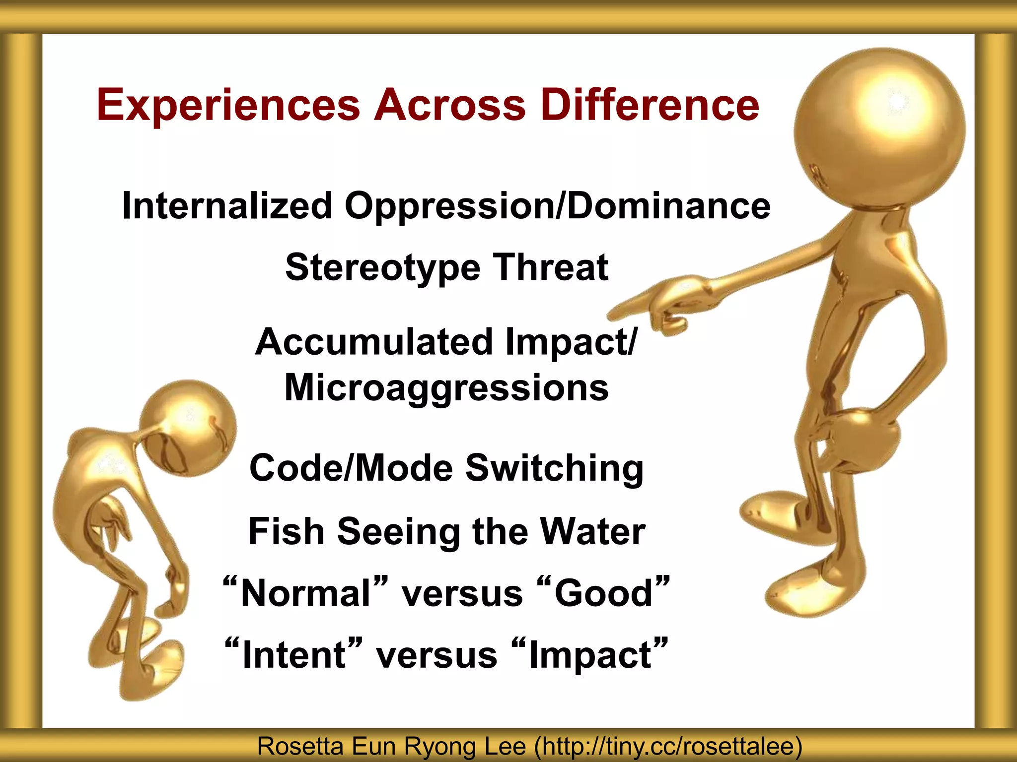 Experiences Across Difference
Internalized Oppression/Dominance
Stereotype Threat
Accumulated Impact/
Microaggressions
Code/Mode Switching
Fish Seeing the Water
“Normal” versus “Good”
“Intent” versus “Impact”
Rosetta Eun Ryong Lee (http://tiny.cc/rosettalee)
 