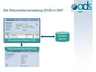Die Dokumentenverwaltung (DVS) in SAP




                                 Content-
                                  Server
  Dokumenteninfosatz (DIS)


  Dokumentenklassifizierung
 