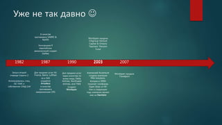 Уже не так давно 
1982
Запуск второй
очереди Сирена-2
Использовалась спец.
ОС ТАИС и
собственная СУБД САК
1987
В качестве
противовеса SABRE &
Apollo
Консорциум 9
европейских
авиакомпаний создает
Galileo
1990
Для продажи услуг
через агентства по
всему миру, Delta
Airlines, Northwest
Airlines, and TWA
Создают
Wordspan
2003
Wordspan продана
Citigroup Venture
Capital & Ontario
Teachers' Pension
Fund
2007
Wordspan продана
Travelport
Для продажи услуг Air
France, Iberia, Lufthan
sa и SAS
создается
Amadeus
в качестве
противовеса
американским CRS
1993
Компанией Accenture
создана компания
PRA Solutions.
Которая в 2000г
покупает платформу
Open Skies от HP.
Уже в следующем
году компания меняет
имя на Navitaire
 