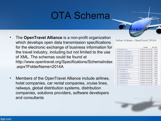 OTA Schema
• The OpenTravel Alliance is a non-profit organization
which develops open data transmission specifications
for the electronic exchange of business information for
the travel industry, including but not limited to the use
of XML. The schemas could be found at
http://www.opentravel.org/Specifications/SchemaIndex
.aspx?FolderName=2014A
• Members of the OpenTravel Alliance include airlines,
hotel companies, car rental companies, cruise lines,
railways, global distribution systems, distribution
companies, solutions providers, software developers
and consultants
 