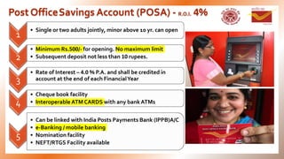PostOfficeSavings Account (POSA) - R.O.I. 4%
1
• Single or two adults jointly, minor above 10 yr. can open
2
• Minimum Rs....