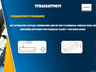 straightness
Any extracted (actual) generating line on the cylindrical surface shall be
contained between two parallel planes T distance apart
Straightness tolerance
 