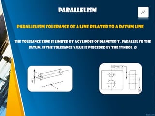 PARALLELISM
The tolerance zone is limited by a cylinder of diameter t , parallel to the
datum, if the tolerance value is preceded by the symbol Ø
Parallelism tolerance of a line related to a datum line
 