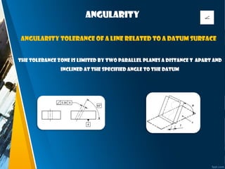 Angularity
The tolerance zone is limited by two parallel planes a distance t apart and
inclined at the specified angle to the datum
Angularity tolerance of a line related to a datum surface
 