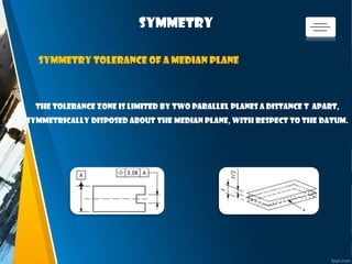 symmetry
The tolerance zone is limited by two parallel planes a distance t apart,
symmetrically disposed about the median plane, with respect to the datum.
Symmetry tolerance of a median plane
 