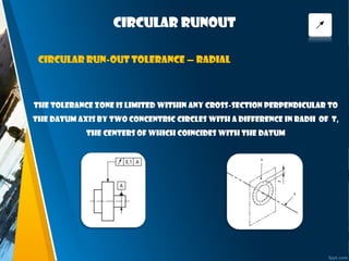 Circular runout
The tolerance zone is limited within any cross-section perpendicular to
the datum axis by two concentric circles with a difference in radii of t,
the centers of which coincides with the datum
Circular run-out tolerance — radial
 