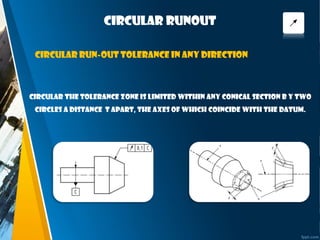 Circular runout
Circular The tolerance zone is limited within any conical section b y two
circles a distance t apart, the axes of which coincide with the datum.
Circular run-out tolerance in any direction
 