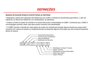 DEFINIÇÕES
Quadros de Controle (Feature Control Frames ou Call Outs)
• Retângulos usados para aplicação das tolerâncias que contêm o símbolo da característica geométrica, o valor de
tolerância, os datums de referência e os modificadores, se aplicáveis;
• A leitura correta do quadro de controle é um ponto-chave para a interpretação em GD&T. Lembrando que o GD&T é
uma linguagem precisa e clara, este deve possuir somente uma interpretação.
O GD&T permite a inclusão de notas abaixo do quadro de controle para elucidar alguma dúvida que possa existir
somente com a leitura do quadro ou simplesmente para acrescentar alguma informação que não é possível expressar
dentro do mesmo.
A C
Modificador do Datum Terciario
Datum Terciario
Modificador do Datum Secundário
Datum Secundário
Datum Primário
Ø 0.28 B
Característica Geométrica
Valor da tolerância
Modificador do Elemento
Forma da zona de tolerância
M M M
 