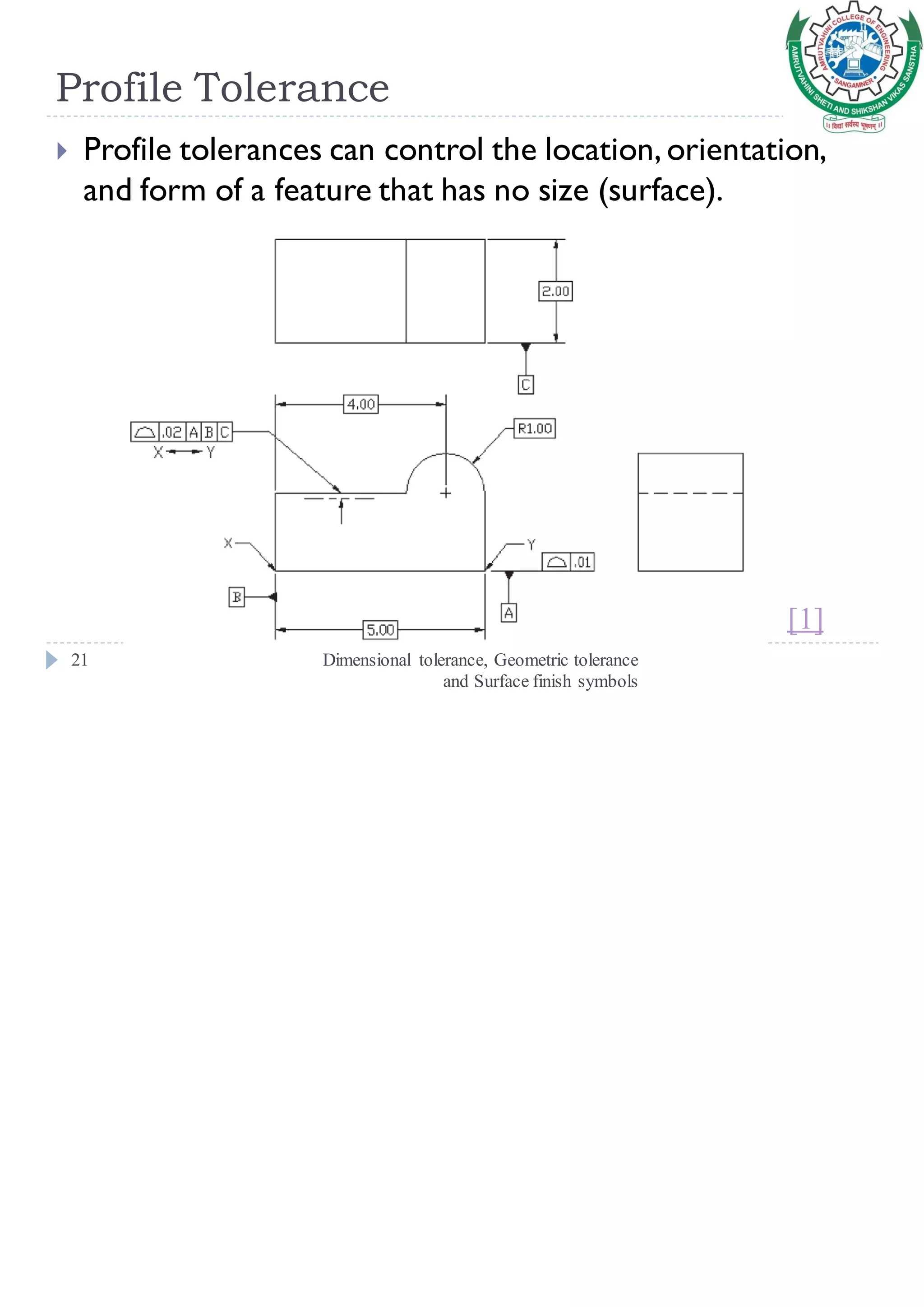 Profile Tolerance
Dimensional tolerance, Geometric tolerance
and Surface finish symbols
21
 Profile tolerances can control the location, orientation,
and form of a feature that has no size (surface).
[1]
 
