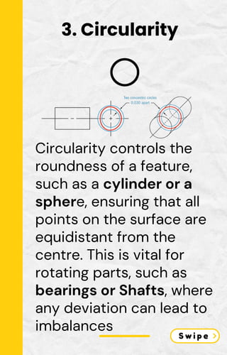 Circularity controls the
roundness of a feature,
such as a cylinder or a
sphere, ensuring that all
points on the surface are
equidistant from the
centre. This is vital for
rotating parts, such as
bearings or Shafts, where
any deviation can lead to
imbalances
3. Circularity
 
