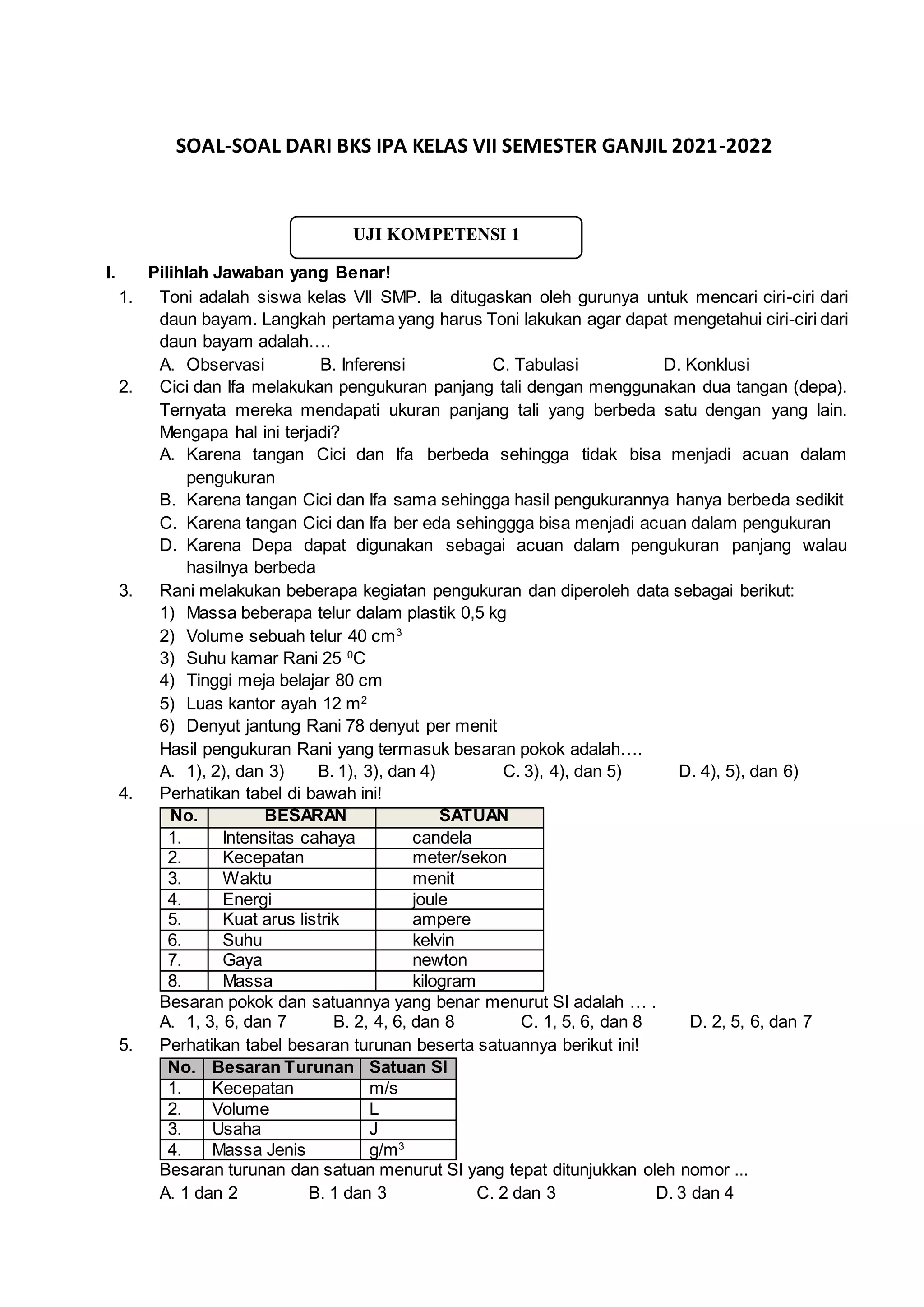 Kumpulan Soal Ipa Smp Kelas 7 Semester 1 Docx