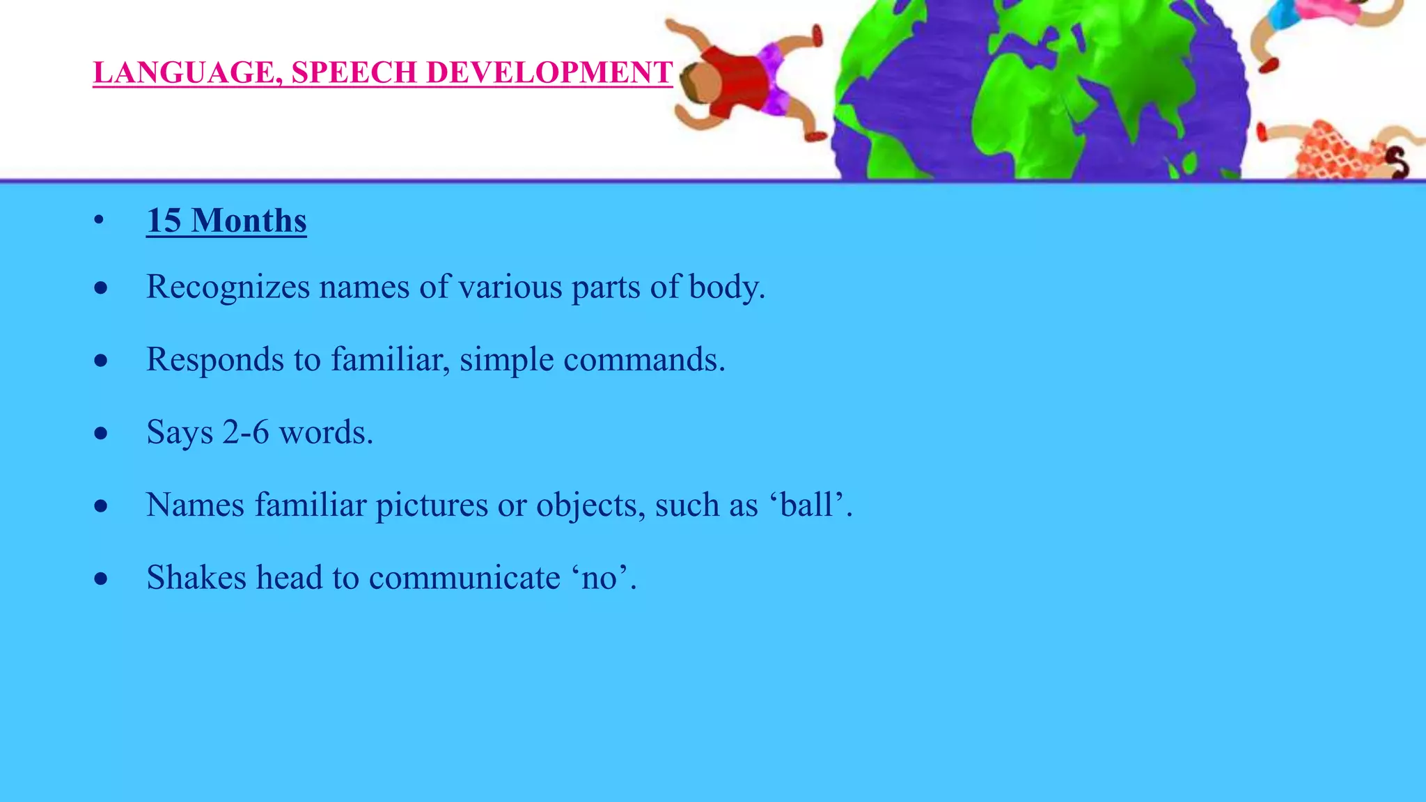 LANGUAGE, SPEECH DEVELOPMENT
• 15 Months
 Recognizes names of various parts of body.
 Responds to familiar, simple commands.
 Says 2-6 words.
 Names familiar pictures or objects, such as ‘ball’.
 Shakes head to communicate ‘no’.
 