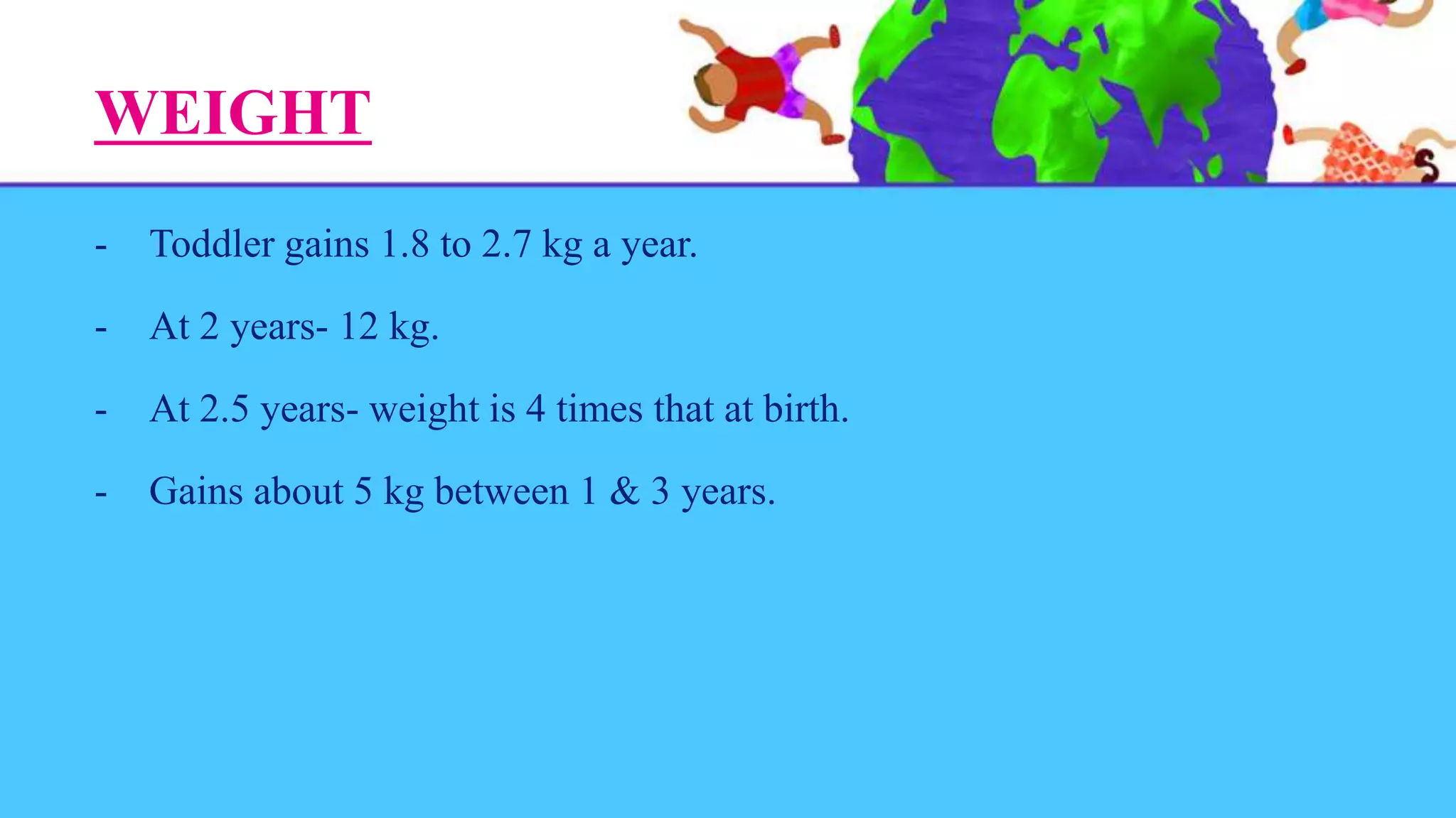 WEIGHT
- Toddler gains 1.8 to 2.7 kg a year.
- At 2 years- 12 kg.
- At 2.5 years- weight is 4 times that at birth.
- Gains about 5 kg between 1 & 3 years.
 