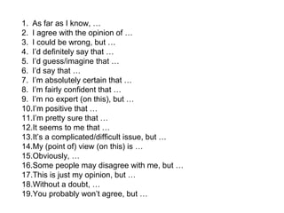 1. As far as I know, …
2. I agree with the opinion of …
3. I could be wrong, but …
4. I’d definitely say that …
5. I’d guess/imagine that …
6. I’d say that …
7. I’m absolutely certain that …
8. I’m fairly confident that …
9. I’m no expert (on this), but …
10.I’m positive that …
11.I’m pretty sure that …
12.It seems to me that …
13.It’s a complicated/difficult issue, but …
14.My (point of) view (on this) is …
15.Obviously, …
16.Some people may disagree with me, but …
17.This is just my opinion, but …
18.Without a doubt, …
19.You probably won’t agree, but …
 