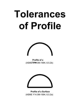 Tolerances
 of Profile


        Profile of a
  (ASME Line
        Y14.5M-1994, 6.5.2b)




      Profile of a Surface
  (ASME Y14.5M-1994, 6.5.2a)
 