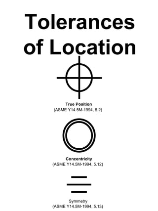 Tolerances
of Location

       True Position
  (ASME Y14.5M-1994, 5.2)




       Concentricity
  (ASME Y14.5M-1994, 5.12)




         Symmetry
  (ASME Y14.5M-1994, 5.13)
 