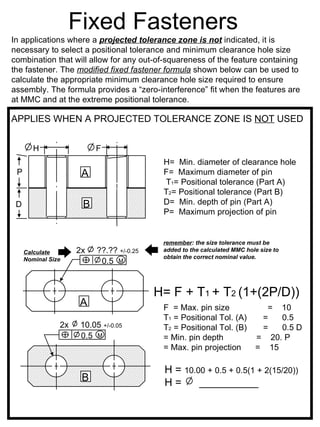 Fixed Fasteners
In applications where a projected tolerance zone is not indicated, it is
necessary to select a positional tolerance and minimum clearance hole size
combination that will allow for any out-of-squareness of the feature containing
the fastener. The modified fixed fastener formula shown below can be used to
calculate the appropriate minimum clearance hole size required to ensure
assembly. The formula provides a “zero-interference” fit when the features are
at MMC and at the extreme positional tolerance.

APPLIES WHEN A PROJECTED TOLERANCE ZONE IS NOT USED


        H                 F
                                           H= Min. diameter of clearance hole
 P                    A                    F= Maximum diameter of pin
                                           T1= Positional tolerance (Part A)
                                           T2= Positional tolerance (Part B)
 D                    B                    D= Min. depth of pin (Part A)
                                           P= Maximum projection of pin


                                           remember: the size tolerance must be
     Calculate       2x   ??.?? +/-0.25    added to the calculated MMC hole size to
     Nominal Size                          obtain the correct nominal value.
                           0.5 M


                                          H= F + T1 + T2 (1+(2P/D))
                     A                     F = Max. pin size                = 10
                                           T1 = Positional Tol. (A)        =   0.5
                2x   10.05 +/-0.05         T2 = Positional Tol. (B)        =   0.5 D
                     0.5 M                 = Min. pin depth               = 20. P
                                           = Max. pin projection          = 15

                                           H = 10.00 + 0.5 + 0.5(1 + 2(15/20))
                      B                    H=      __________
 