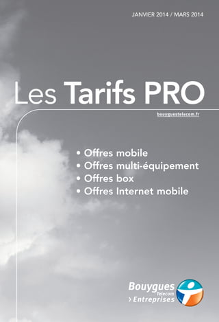 JANVIER 2014 / MARS 2014 
Les Tarifs PRO 
• Offres mobile 
• Offres multi-équipement 
• Offres box 
• Offres Internet mobile 
 