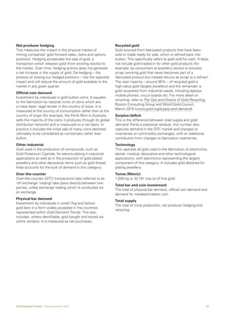 25Gold Demand Trends  |  Second quarter 2016
Net producer hedging
This measures the impact in the physical market of
mining companies’ gold forward sales, loans and options
positions. Hedging accelerates the sale of gold, a
transaction which releases gold (from existing stocks) to
the market. Over time, hedging activity does not generate
a net increase in the supply of gold. De-hedging – the
process of closing out hedged positions – has the opposite
impact and will reduce the amount of gold available to the
market in any given quarter.
Official coin demand
Investment by individuals in gold bullion coins. It equates
to the fabrication by national mints of coins which are,
or have been, legal tender in the country of issue. It is
measured at the country of consumption rather than at the
country of origin (for example, the Perth Mint in Australia,
sells the majority of the coins it produces through its global
distribution network) and is measured on a net basis. In
practice it includes the initial sale of many coins destined
ultimately to be considered as numismatic rather than
bullion.
Other industrial
Gold used in the production of compounds, such as
Gold Potassium Cyanide, for electro-plating in industrial
applications as well as in the production of gold-plated
jewellery and other decorative items such as gold thread.
India accounts for the bulk of demand in this category.
Over-the-counter
Over-the-counter (OTC) transactions (also referred to as
‘off exchange’ trading) take place directly between two
parties, unlike exchange trading which is conducted via
an exchange.
Physical bar demand
Investment by individuals in small (1kg and below)
gold bars in a form widely accepted in the countries
represented within Gold Demand Trends. This also
includes, where identifiable, gold bought and stored via
online vendors. It is measured as net purchases.
Recycled gold
Gold sourced from fabricated products that have been
sold or made ready for sale, which is refined back into
bullion. This specifically refers to gold sold for cash. It does
not include gold traded-in for other gold products (for
example, by consumers at jewellery stores) or process
scrap (working gold that never becomes part of a
fabricated product but instead returns as scrap to a refiner).
The vast majority – around 90% – of recycled gold is
high-value gold (largely jewellery) and the remainder is
gold recovered from industrial waste, including laptops,
mobile phones, circuit boards etc. For more detail on
recycling, refer to The Ups and Downs of Gold Recycling,
Boston Consulting Group and World Gold Council,
March 2015 (www.gold.org/supply-and-demand).
Surplus/deficit
This is the difference between total supply and gold
demand. Partly a statistical residual, this number also
captures demand in the OTC market and changes to
inventories on commodity exchanges, with an additional
contribution from changes to fabrication inventories.
Technology
This captures all gold used in the fabrication of electronics,
dental, medical, decorative and other technological
applications, with electronics representing the largest
component of this category. It includes gold destined for
plating jewellery.
Tonne (Metric)
1,000 kg or 32,151 troy oz of fine gold.
Total bar and coin investment
The total of physical bar demand, official coin demand and
demand for medals/imitation coin.
Total supply
The total of mine production, net producer hedging and
recycling.
 