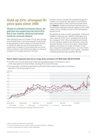 05Gold Demand Trends  |  Second quarter 2016
3	Brent crude has since fallen back by around 20%.
4	 6-month annualised daily return volatility in US$ for the period 31/12/2015 – 30/06/2016.
5	 5-year annualised daily return volatility in US$ to 30/06/2016.
Gold up 25%: strongest H1
price gain since 1980
Thanks to unbridled investment inflows, the
gold price has surged since the end of 2015.
But so has volatility, which has had mixed
results for consumer demand.
After starting the year with a stellar 17% Q1 gain, the gold
price climbed further in the second quarter to set the seal
on the strongest H1 performance for more than 35 years.
In US$ terms, gold was one of the best performing
investments in a basket of commodities that we monitor,
behind only Brent crude (which burst higher on improving
prospects for its supply dynamics)3
and silver.
And given that the US dollar has strengthened against a
number of currencies this year, gold’s H1 performance
when denominated in other currencies has been better
still (Chart 2). Notable among these have been gains in
the gold price expressed in pounds sterling (+37%), Indian
rupees (+27%), Chinese renminbi (+27%) and Egyptian
pounds (+41%).
But gold did not trace a smooth upward path: it had some
pullbacks in May and June. Volatility ticked higher as a
result, reaching 19.2%4
for H1 compared with the long-
term average of 18%.5
While this played into the hands
of some investors (notably in the US market, where the
response has been to buy on price dips), it discouraged
jewellery consumers in a number of markets. In fact,
high, rising and fluctuating gold prices – at a time of fairly
fragile consumer sentiment in many markets – resulted in
a widespread dampening of jewellery demand.
• The 25% rise in the US dollar price of gold was exceeded by gains in local prices in some
of the major gold consuming markets, including China, India and Europe.
• The sharp drop in the British pound following the Brexit vote caused a sharp spike in the sterling
gold price in the closing week of June.
95
100
105
110
115
120
125
130
135
140
145
Source: ICE Benchmark Administration; Datastream; World Gold Council
Chart 2: Gold's impressive price rise in a range of key currencies in H1 2016 (index 100=01/01/2016)
Index level
January 2016 February 2016 March 2016 April 2016 May 2016 June 2016
US dollar Euro Indian rupee Chinese renminbi Turkish lira Pound sterling
 