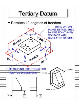 Tertiary DatumTertiary Datum
 Restricts 12 degrees of freedom.
90°
THIRD DATUM
PLANE ESTABLISHED
BY ONE POINT (MIN)
CONTACT WITH
SIMULATED DATUM C
MEASURING DIRECTIONS FOR
RELATED DIMENSIONS
 