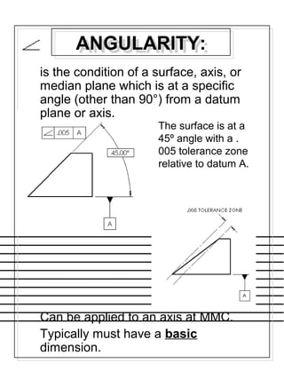ANGULARITY:ANGULARITY:
is the condition of a surface, axis, or
median plane which is at a specific
angle (other than 90°) from a datum
plane or axis.
Can be applied to an axis at MMC.
Typically must have a basic
dimension.
The surface is at a
45º angle with a .
005 tolerance zone
relative to datum A.
 