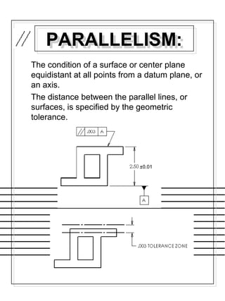 ±0.01
PARALLELISM:PARALLELISM:
The condition of a surface or center plane
equidistant at all points from a datum plane, or
an axis.
The distance between the parallel lines, or
surfaces, is specified by the geometric
tolerance.
 