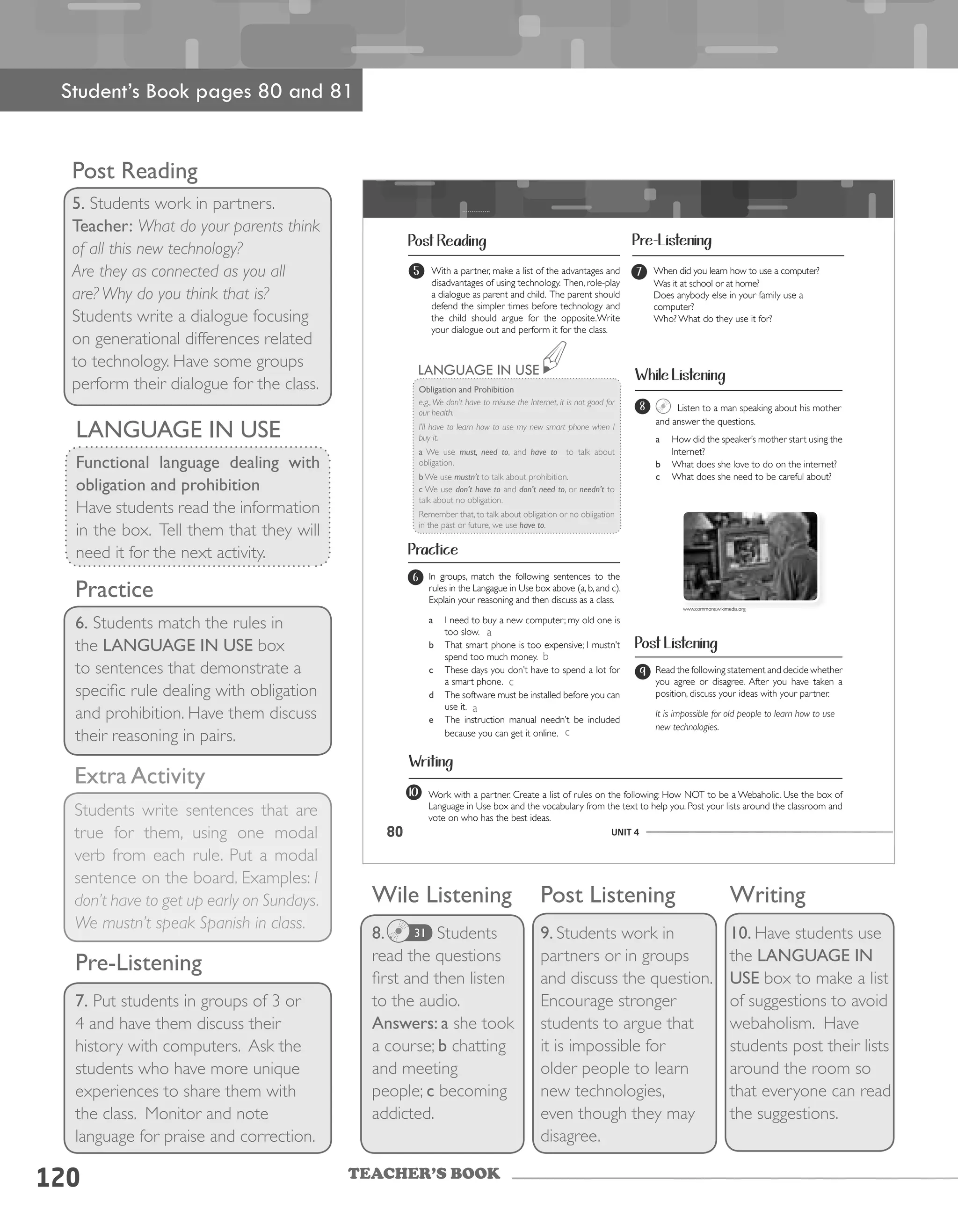 TEACHER’S BOOK
120
Post Reading
5. Students work in partners.
Teacher: What do your parents think
of all this new technology?
Are they as connected as you all
are? Why do you think that is?
Students write a dialogue focusing
on generational differences related
to technology. Have some groups
perform their dialogue for the class.
Practice
6. Students match the rules in
the LANGUAGE IN USE box
to sentences that demonstrate a
specific rule dealing with obligation
and prohibition. Have them discuss
their reasoning in pairs.
Student’s Book pages 80 and 81
Extra Activity
Students write sentences that are
true for them, using one modal
verb from each rule. Put a modal
sentence on the board. Examples: I
don’t have to get up early on Sundays.
We mustn’t speak Spanish in class.
LANGUAGE IN USE
Functional language dealing with
obligation and prohibition
Have students read the information
in the box. Tell them that they will
need it for the next activity.
Pre-Listening
7. Put students in groups of 3 or
4 and have them discuss their
history with computers. Ask the
students who have more unique
experiences to share them with
the class. Monitor and note
language for praise and correction.
Wile Listening
8. Students
read the questions
first and then listen
to the audio.
Answers: a she took
a course; b chatting
and meeting
people; c becoming
addicted.
Post Listening
9. Students work in
partners or in groups
and discuss the question.
Encourage stronger
students to argue that
it is impossible for
older people to learn
new technologies,
even though they may
disagree.
31
Writing
10. Have students use
the Language in
Use box to make a list
of suggestions to avoid
webaholism. Have
students post their lists
around the room so
that everyone can read
the suggestions.
UNIT 480
Obligation	and	Prohibition
e.g.,We don’t have to misuse the Internet, it is not good for
our health.
I’ll have to learn how to use my new smart phone when I
buy it.
a We use must, need to, and have to to talk about
obligation.
b We use mustn’t to talk about prohibition.
c We use don’t have to and	don’t need to, or needn’t to
talk about no obligation.
Remember that, to talk about obligation or no obligation
in the past or future, we use have to.
LANGUAGE IN USE
Practice
Post Reading
6
5
In groups, match the following sentences to the
rules in the Langague in Use box above (a, b, and c).
Explain your reasoning and then discuss as a class.
a I need to buy a new computer; my old one is
too slow.
b That smart phone is too expensive; I mustn’t
spend too much money.
c These days you don’t have to spend a lot for
a smart phone.
d The software must be installed before you can
use it.
e The instruction manual needn’t be included
because you can get it online.
With a partner, make a list of the advantages and
disadvantages of using technology. Then, role-play
a dialogue as parent and child. The parent should
defend the simpler times before technology and
the child should argue for the opposite.Write
your dialogue out and perform it for the class.
10
9
While Listening
8 Listen to a man speaking about his mother
and answer the questions.
a How did the speaker’s mother start using the
Internet?
b What does she love to do on the internet?
c What does she need to be careful about?
Work with a partner. Create a list of rules on the following: How NOT to be a Webaholic. Use the box of
Language in Use box and the vocabulary from the text to help you. Post your lists around the classroom and
vote on who has the best ideas.
Read the following statement and decide whether
you agree or disagree. After you have taken a
position, discuss your ideas with your partner.
It is impossible for old people to learn how to use
new technologies.
Writing
Post Listening
www.commons.wikimedia.org
Pre-Listening
7 When did you learn how to use a computer?
Was it at school or at home?
Does anybody else in your family use a
computer?
Who? What do they use it for?
a
b
c
a
c
 