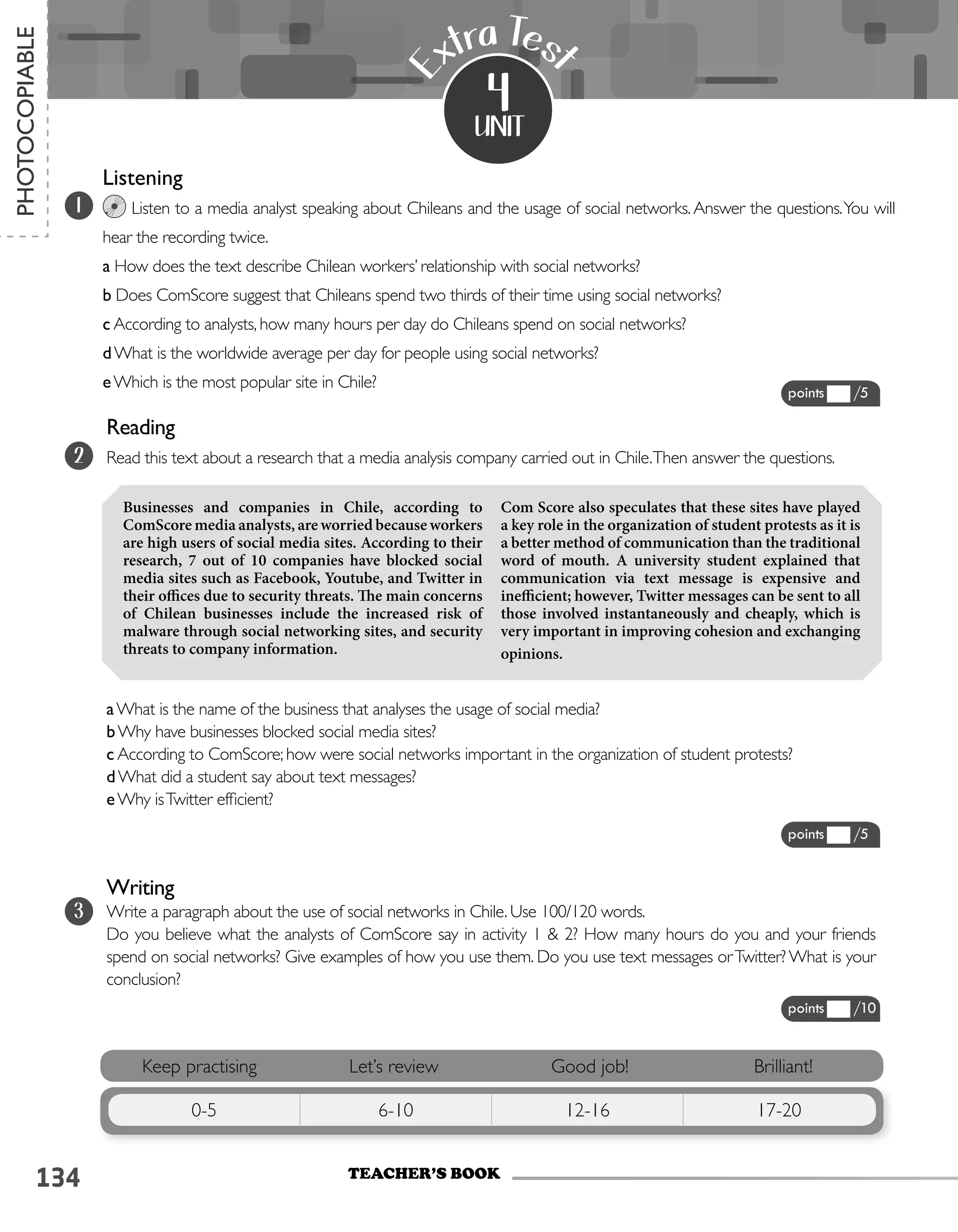 134
Listening							
Listen to a media analyst speaking about Chileans and the usage of social networks.Answer the questions.You will
hear the recording twice.
a How does the text describe Chilean workers’ relationship with social networks?
b Does ComScore suggest that Chileans spend two thirds of their time using social networks?
c According to analysts, how many hours per day do Chileans spend on social networks?
dWhat is the worldwide average per day for people using social networks?
eWhich is the most popular site in Chile?
unit
E
xtra Tes
t
4
Businesses and companies in Chile, according to
ComScore media analysts, are worried because workers
are high users of social media sites. According to their
research, 7 out of 10 companies have blocked social
media sites such as Facebook, Youtube, and Twitter in
their offices due to security threats. The main concerns
of Chilean businesses include the increased risk of
malware through social networking sites, and security
threats to company information.
Com Score also speculates that these sites have played
a key role in the organization of student protests as it is
a better method of communication than the traditional
word of mouth. A university student explained that
communication via text message is expensive and
inefficient; however, Twitter messages can be sent to all
those involved instantaneously and cheaply, which is
very important in improving cohesion and exchanging
opinions.
Keep practising Let’s review Good job! Brilliant!
0-5 6-10 12-16 17-20
1
2
PHOTOCOPIABLE
points /5
points /10
points /5
Reading
Read this text about a research that a media analysis company carried out in Chile.Then answer the questions.
3
Writing
Write a paragraph about the use of social networks in Chile. Use 100/120 words.
Do you believe what the analysts of ComScore say in activity 1 & 2? How many hours do you and your friends
spend on social networks? Give examples of how you use them. Do you use text messages orTwitter? What is your
conclusion?
aWhat is the name of the business that analyses the usage of social media?
bWhy have businesses blocked social media sites?
c According to ComScore; how were social networks important in the organization of student protests?
dWhat did a student say about text messages?
eWhy isTwitter efficient?
TEACHER’S BOOK
 