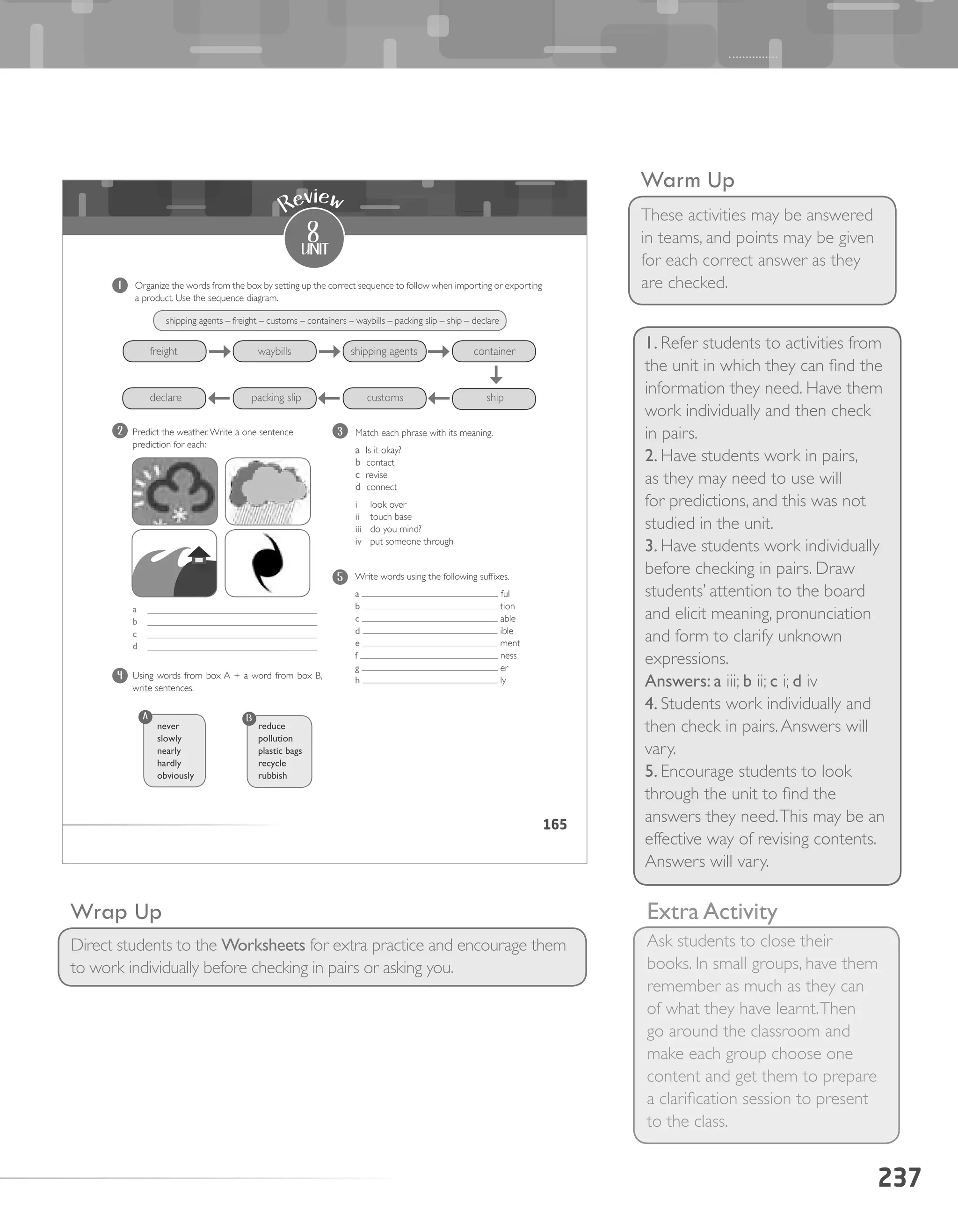 237
Warm Up
These activities may be answered
in teams, and points may be given
for each correct answer as they
are checked.
Wrap Up
Direct students to the Worksheets for extra practice and encourage them
to work individually before checking in pairs or asking you.
1. Refer students to activities from
the unit in which they can find the
information they need. Have them
work individually and then check
in pairs.
2. Have students work in pairs,
as they may need to use will
for predictions, and this was not
studied in the unit.
3. Have students work individually
before checking in pairs. Draw
students’ attention to the board
and elicit meaning, pronunciation
and form to clarify unknown
expressions.
Answers: a iii; b ii; c i; d iv
4. Students work individually and
then check in pairs.Answers will
vary.
5. Encourage students to look
through the unit to find the
answers they need.This may be an
effective way of revising contents.
Answers will vary.
Extra Activity
Ask students to close their
books. In small groups, have them
remember as much as they can
of what they have learnt.Then
go around the classroom and
make each group choose one
content and get them to prepare
a clarification session to present
to the class.
165
2
Write words using the following suffixes.
a ful
b tion
c able
d ible
e ment
f ness
g er
h ly
Organize the words from the box by setting up the correct sequence to follow when importing or exporting
a product. Use the sequence diagram.
5
1
Predict the weather.Write a one sentence
prediction for each:
a ___________________________________
b ___________________________________
c ___________________________________
d ___________________________________
Using words from box A + a word from box B,
write sentences.
4
8
unit
Review
3 Match each phrase with its meaning.
a Is it okay?
b contact
c revise
d connect
i look over
ii touch base
iii do you mind?
iv put someone through
never
slowly
nearly
hardly
obviously
A
reduce
pollution
plastic bags
recycle
rubbish
B
shipping agents – freight – customs – containers – waybills – packing slip – ship – declare
freight	 waybills shipping agents container
declare	 packing slip customs 	 ship	
 