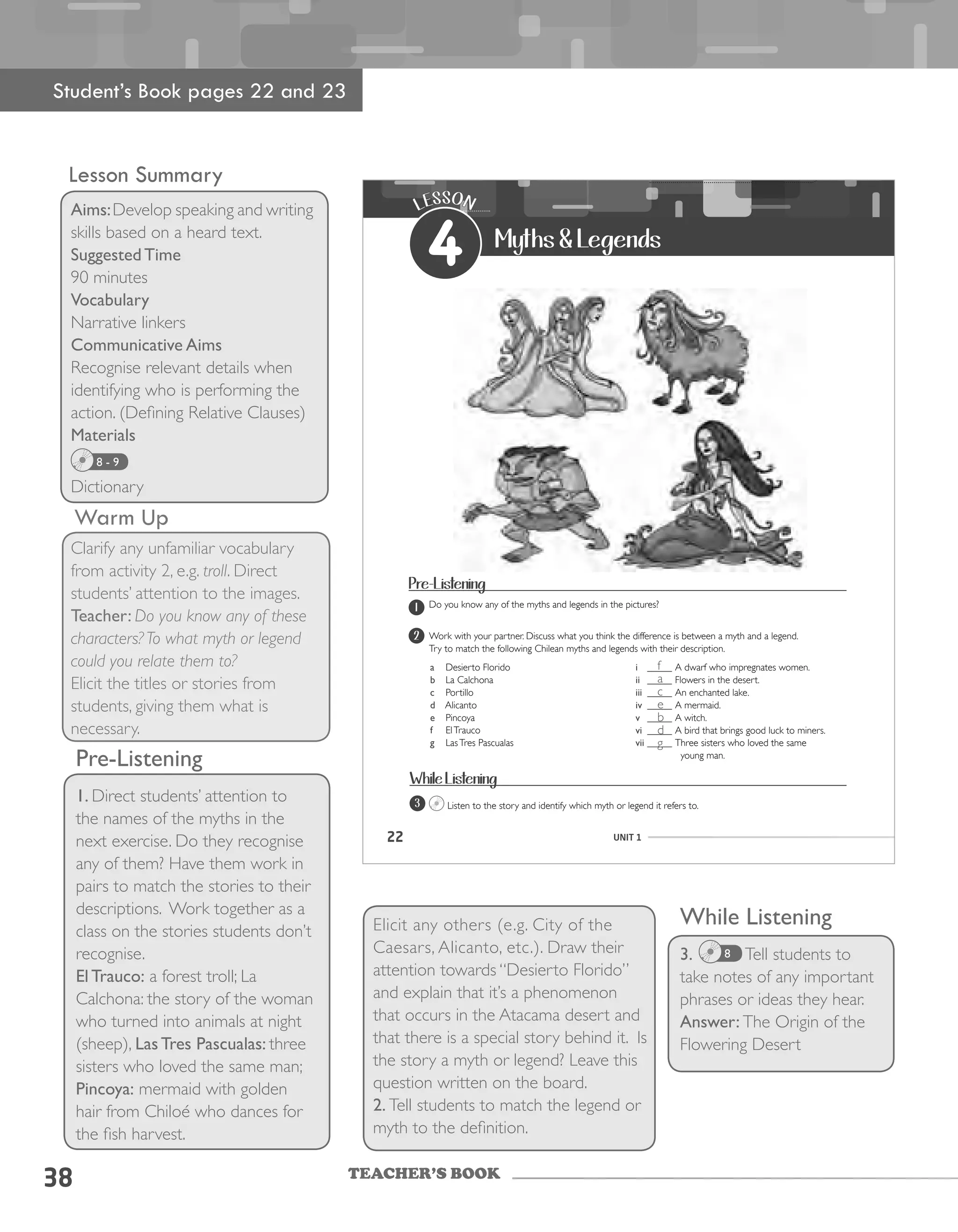TEACHER’S BOOK
38
Lesson Summary
Aims:Develop speaking and writing
skills based on a heard text.
Suggested Time
90 minutes
Vocabulary
Narrative linkers
Communicative Aims
Recognise relevant details when
identifying who is performing the
action. (Defining Relative Clauses)
Materials
Dictionary
8 - 9
Warm Up
Clarify any unfamiliar vocabulary
from activity 2, e.g. troll. Direct
students’ attention to the images.
Teacher: Do you know any of these
characters? To what myth or legend
could you relate them to?
Elicit the titles or stories from
students, giving them what is
necessary.
Pre-Listening
1. Direct students’ attention to
the names of the myths in the
next exercise. Do they recognise
any of them? Have them work in
pairs to match the stories to their
descriptions. Work together as a
class on the stories students don’t
recognise.
El Trauco: a forest troll; La
Calchona: the story of the woman
who turned into animals at night
(sheep), Las Tres Pascualas: three
sisters who loved the same man;
Pincoya: mermaid with golden
hair from Chiloé who dances for
the fish harvest.
Elicit any others (e.g. City of the
Caesars, Alicanto, etc.). Draw their
attention towards “Desierto Florido”
and explain that it’s a phenomenon
that occurs in the Atacama desert and
that there is a special story behind it. Is
the story a myth or legend? Leave this
question written on the board.
2. Tell students to match the legend or
myth to the definition.
While Listening
3. Tell students to
take notes of any important
phrases or ideas they hear.
Answer: The Origin of the
Flowering Desert
8
Student’s Book pages 22 and 23
22 UNIT 1
Myths & Legends
LESSON
4
Pre-Listening
	 Do	you	know	any	of	the	myths	and	legends	in	the	pictures?	
2 	 Work	with	your	partner.	Discuss	what	you	think	the	difference	is	between	a	myth	and	a	legend.	
	 Try	to	match	the	following	Chilean	myths	and	legends	with	their	description.
3 Listen	to	the	story	and	identify	which	myth	or	legend	it	refers	to.	
a Desierto Florido
b La Calchona
c				Portillo
d Alicanto
e				Pincoya
f	 			El	Trauco	
g				Las	Tres	Pascualas
i _____	A	dwarf	who	impregnates	women.
ii _____ Flowers in the desert.
iii _____ An enchanted lake.
iv _____ A mermaid.
v _____ A witch.
vi _____	A	bird	that	brings	good	luck	to	miners.
vii _____	Three	sisters	who	loved	the	same
	 	 		young	man.
1
While Listening
f
a
c
e
b
d
g
 