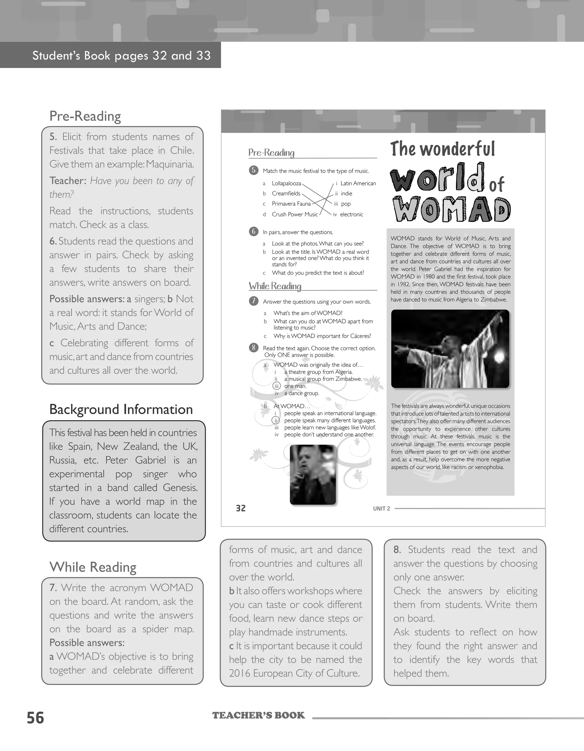 UNIT 232
Pre-Reading
5 Match the music festival to the type of music.
a Lollapalooza i Latin American
b	 Creamfields																					ii		indie
c Primavera Fauna iii pop
d Crush Power Music iv electronic
6 In pairs, answer the questions.
a Look at the photos.What can you see?
b Look	at	the	title.	Is	WOMAD	a	real	word	
or	an	invented	one?	What	do	you think it
stands	for?
c What	do	you	predict	the	text	is	about?
7 Answer	the	questions	using	your	own	words.
a What’s the aim of WOMAD?
b What	can	you	do	at	WOMAD	apart	from	
listening to music?
c Why is WOMAD important for Cáceres?
The wonderful
WOMAD	 stands	 for	 World	 of	 Music,	 Arts	 and	
Dance.	 The	 objective	 of	 WOMAD	 is	 to	 bring	
together	 and	 celebrate	 different	 forms	 of	 music,	
art	and	dance	from	countries	and	cultures	all	over	
the	 world.	 Peter	 Gabriel	 had	 the	 inspiration	 for	
WOMAD	in	1980	and	the	first	festival,	took	place	
in	1982.	Since	then,	WOMAD	festivals	have	been	
held	 in	 many	 countries	 and	 thousands	 of	 people	
have	danced	to	music	from	Algeria	to	Zimbabwe.
of
8 	 	Read	the	text	again.	Choose	the	correct	option.	
Only	ONE	answer	is	possible.
a WOMAD	was	originally	the	idea	of…
i a theatre group from Algeria.
ii a	musical	group	from	Zimbabwe.
iii one man.
iv a	dance	group.
b At	WOMAD…
i people speak an international language.
ii people	speak	many	different	languages.
iii people learn new languages like Wolof.
iv people	don’t	understand	one	another.
The	festivals	are	always	wonderful,	unique	occasions	
that	introduce	lots	of	talented	artists	to	international	
spectators.	They	also	offer	many	different	audiences	
the	 opportunity	 to	 experience	 other	 cultures	
through music. At these festivals, music is the
universal language. The events encourage people
from	different	places	to	get	on	with	one	another	
and,	as	a	result,	help	overcome	the	more	negative	
aspects	of	our	world,	like	racism	or	xenophobia.
While Reading
TEACHER’S BOOK
56
Pre-Reading
5. Elicit from students names of
Festivals that take place in Chile.
Give them an example:Maquinaria.
Teacher: Have you been to any of
them?
Read the instructions, students
match. Check as a class.
6.Students read the questions and
answer in pairs. Check by asking
a few students to share their
answers, write answers on board.
Possible answers: a singers; b Not
a real word: it stands for World of
Music,Arts and Dance;
c Celebrating different forms of
music,art and dance from countries
and cultures all over the world.
While Reading
7. Write the acronym WOMAD
on the board. At random, ask the
questions and write the answers
on the board as a spider map.
Possible answers:
a WOMAD’s objective is to bring
together and celebrate different
Student’s Book pages 32 and 33
Background Information
This festival has been held in countries
like Spain, New Zealand, the UK,
Russia, etc. Peter Gabriel is an
experimental pop singer who
started in a band called Genesis.
If you have a world map in the
classroom, students can locate the
different countries.
forms of music, art and dance
from countries and cultures all
over the world.
b It also offers workshops where
you can taste or cook different
food, learn new dance steps or
play handmade instruments.
c It is important because it could
help the city to be named the
2016 European City of Culture.
8. Students read the text and
answer the questions by choosing
only one answer.
Check the answers by eliciting
them from students. Write them
on board.
Ask students to reflect on how
they found the right answer and
to identify the key words that
helped them.
 